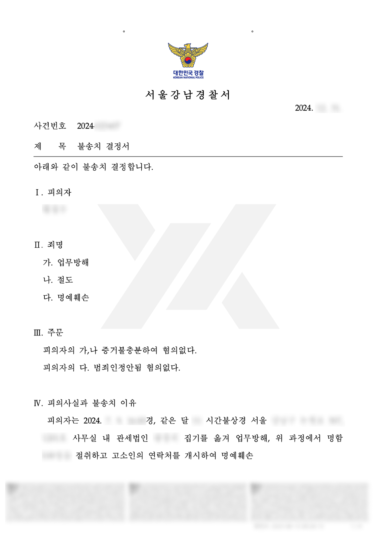 업무방해, 절도, 명예훼손 등에 대하여 불송치 결정을 받은 사례